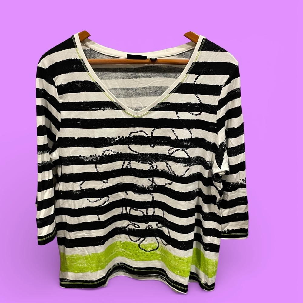 Cute Y2K lime stripe sequin floral stretchy v-neck top 3/4 sleeve maximalist